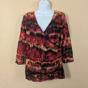 Y2K Whimsygoth Dark Floral Lace Faux Wrap V Neck Top 3/4 Sleeve Fairy M